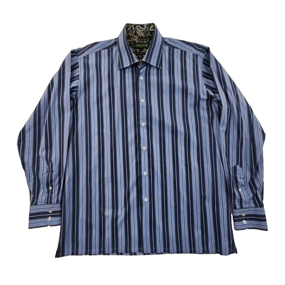Inserch Icon Men’s Jacquard Cotton Men's L Blue EUC Button Up‎ Shirt Flip Cuff